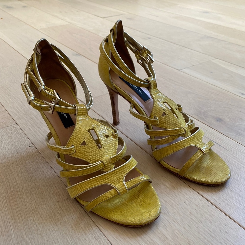 Leather unique strappy pumps. Pop of color like a Chartreuse color. Heel - 3.5in